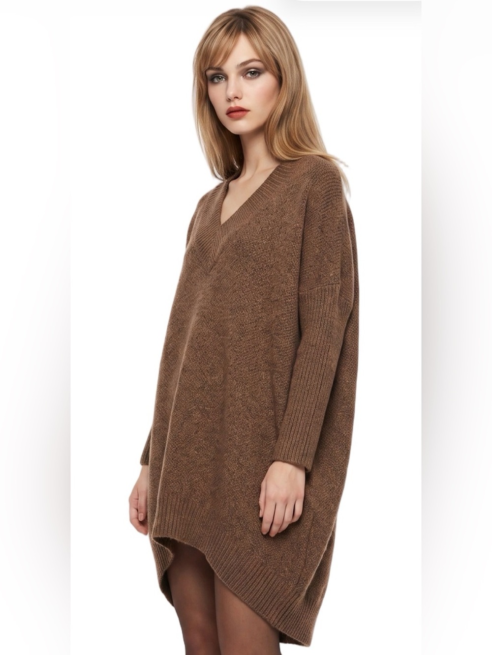 SOURCE UNKNOWN Brown Oversized V-Neck Sweater Batwing Cocoon Dramatic Hi Low hem